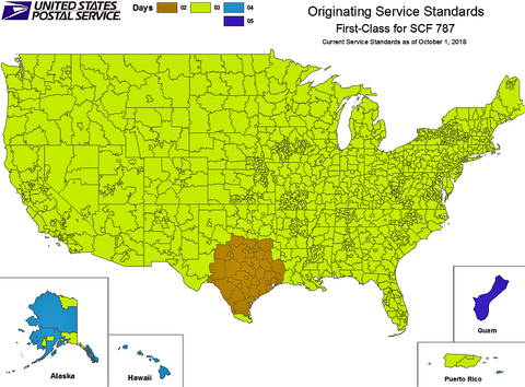 USPS First Class estimated transit time map shipping from Austin Texas