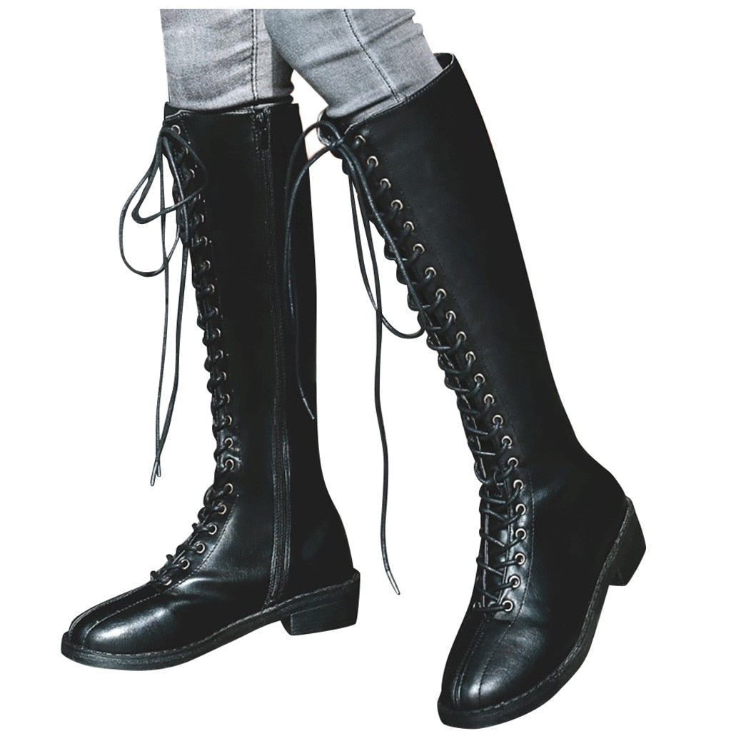 women's lace up knee high combat boots