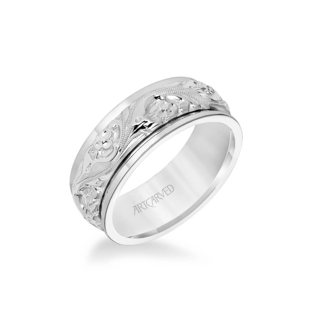 8MM Men's Wedding Band - Intricate Engraved Scroll Design and Round Ed ...