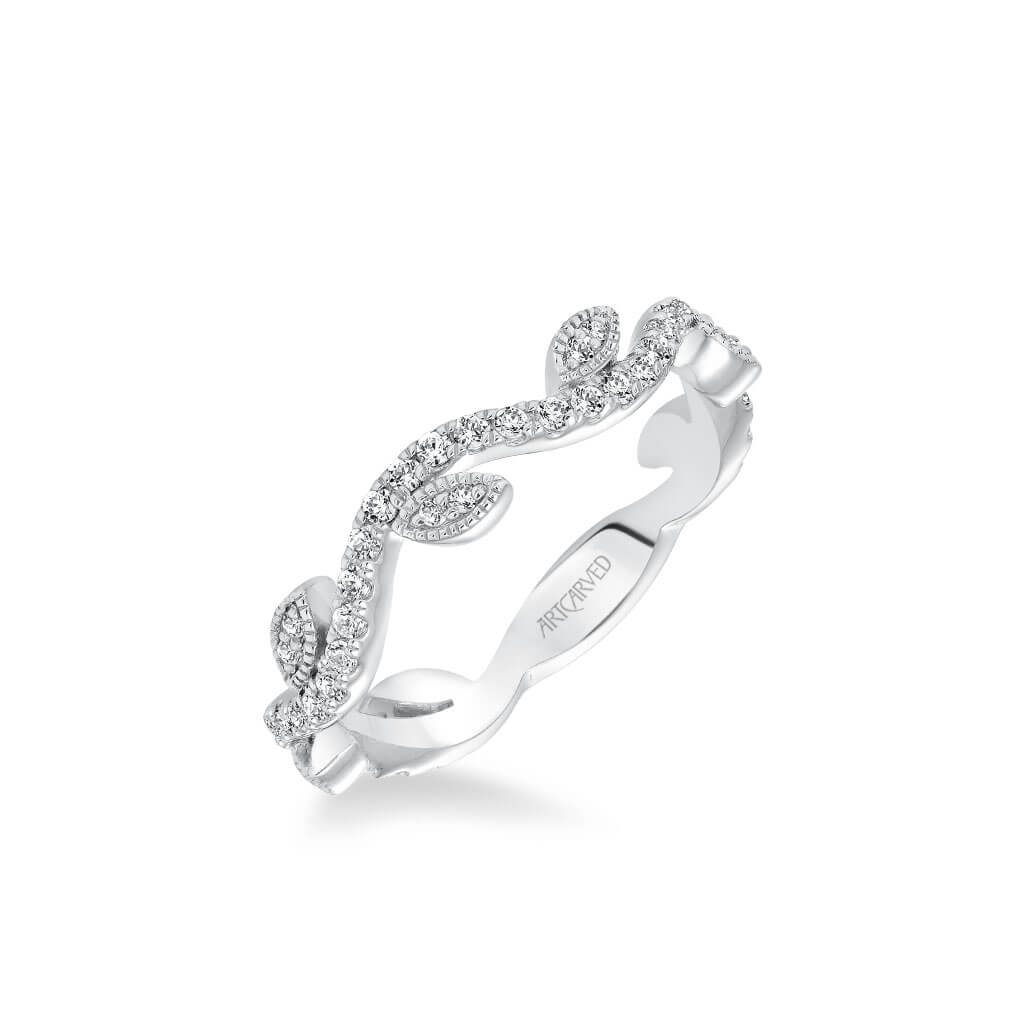 Stackable Band with Diamond Leaf and Vine Accents - artcarvedbridal