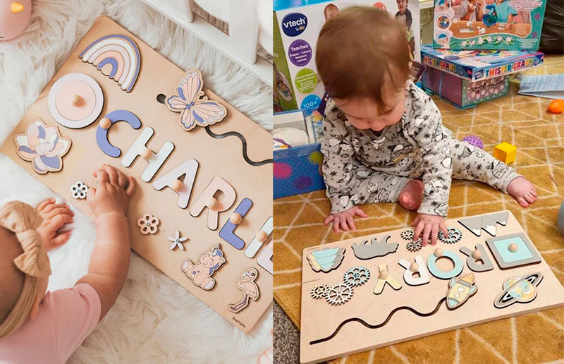 grandchildren playing with the custom name montessori wooden board