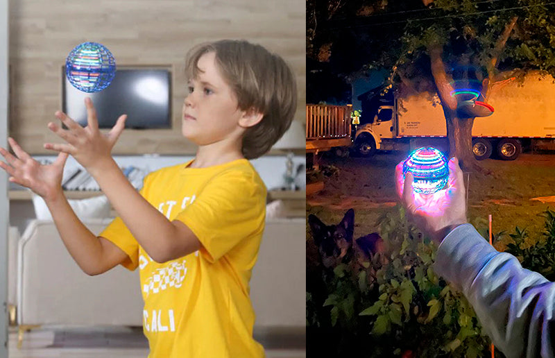 grandson playing with flying led lights magic ball