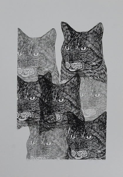 Crazy Cat Lady Lino Cut 50x70cm Kroot Kukkur Illustrations