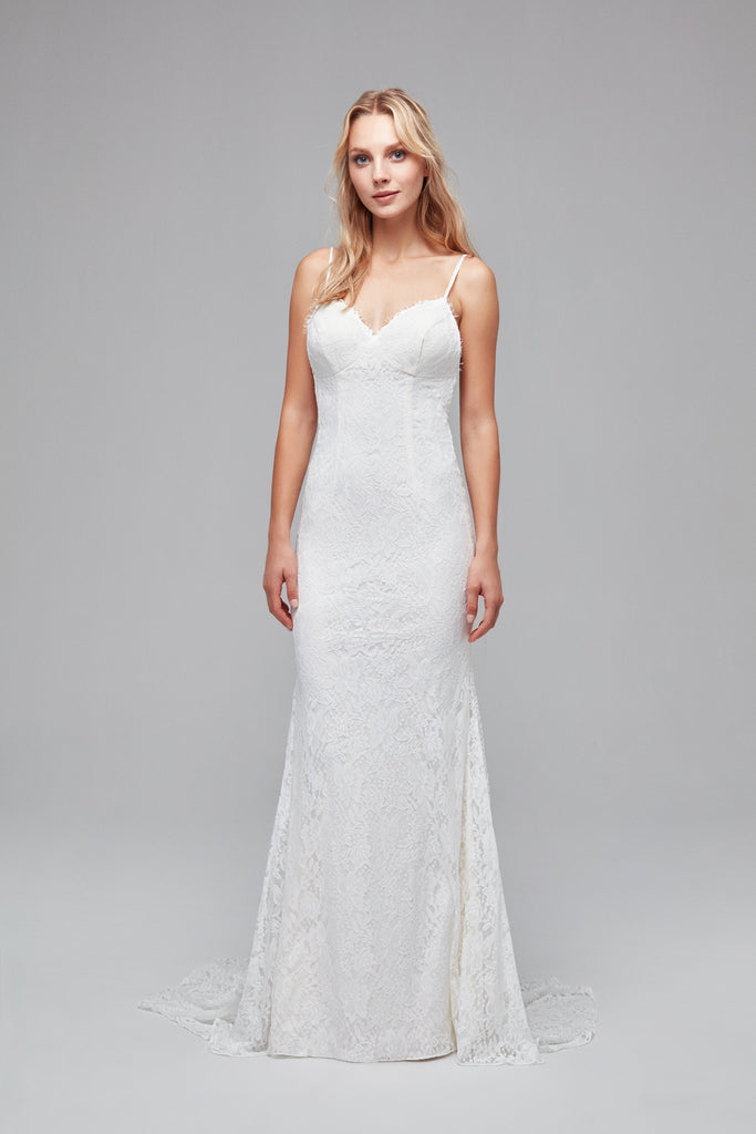 soft lace sheath wedding dress with low back