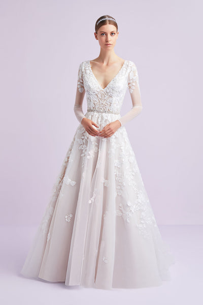 illusion sleeve plunging ball gown wedding dress