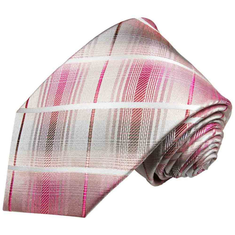 Paul Malone Krawatte pink weiß grau kariert - Pinke Herren Krawatte 100% Seide - 2020