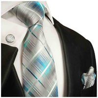 Krawatte türkis silber weiß kariert - Türkise Herren Krawatte 100% Seide