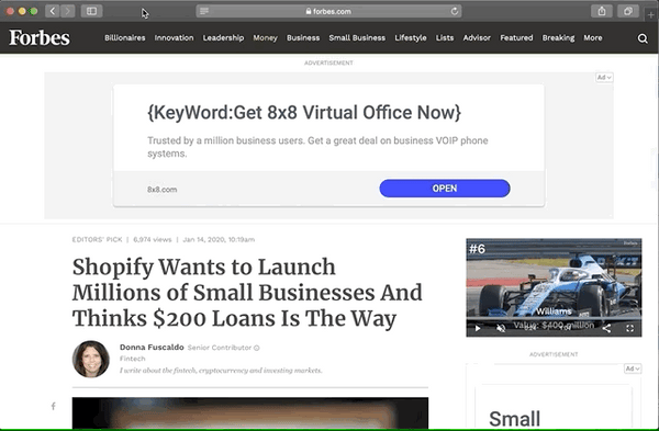 Animated gif of Forbes article with ads and auto playing video. Reader mode is enabled stripping away everything except article content.