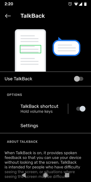 Screenshot of TalkBack settings in Android. Includes an illustration of a phone with a speech bubble and the main TalkBack switch control.