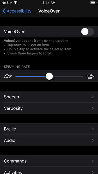 Screenshot of VoiceOver settings in iOS. Includes the main VoiceOver switch control, speaking rate slider, and other settings buttons.