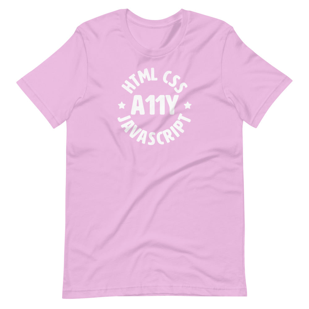 White HTML CSS JavaScript words, center aligned, circled around A11Y letters with stars on either side, on front of pink t-shirt.