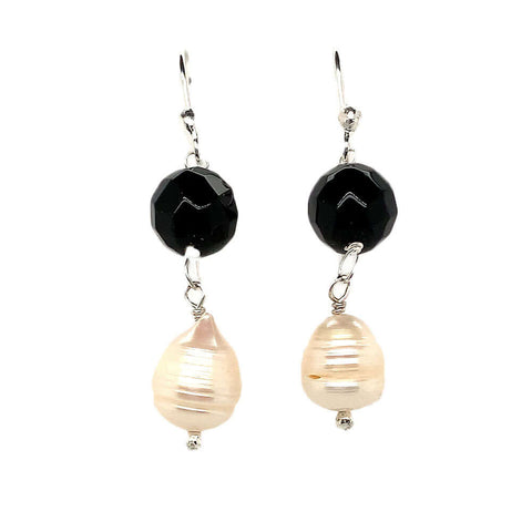 Onyx And Pearl Silver Earrings | Nueve Sterling