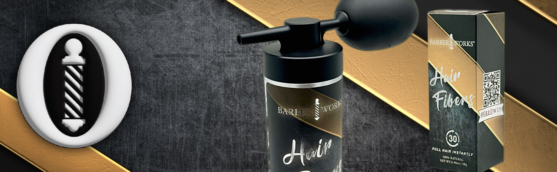 Barber Works Hair Fibers in Onyx Black container, perfect for achieving a full, undetectable look on thinning hair areas