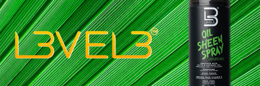 L3VEL3 Oil Sheen Spray with olive and coconut oil for glossy, nourished hair.