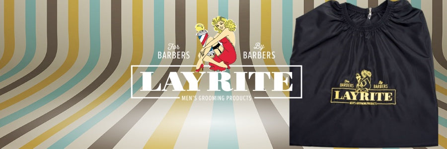Layrite Barber Cutting Cape with 'Layrite Deluxe' design, showcasing its lightweight, water-resistant nylon and easy-to-use snap closure.