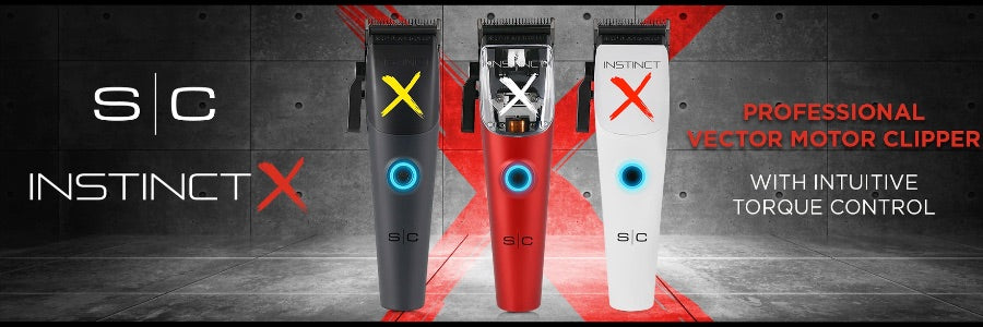 INSTINCT-X PROFESSIONAL VECTOR MOTOR HAIR CLIPPER with intuitive torque control, displayed with its accessories including various blade guards, interchangeable levers, and a charging stand. The clipper features a sleek black design with options for red and white accents.