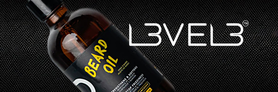 Bottle of L3VEL3 Premium Argan-Infused Beard Oil, designed to enhance beard health and appearance, easy to apply with a built-in dropper