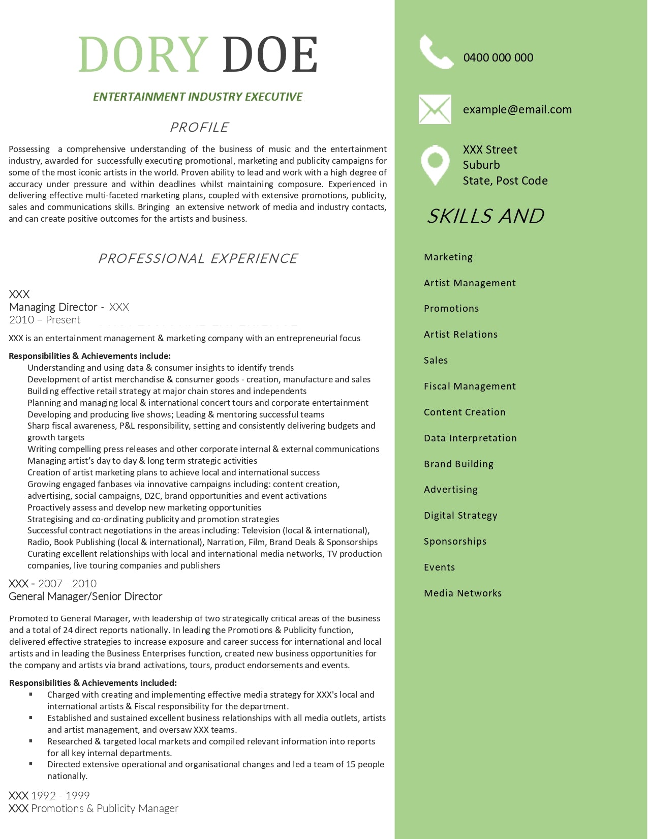 Advertising, Arts, and Media Industry Resume Example (Before) 