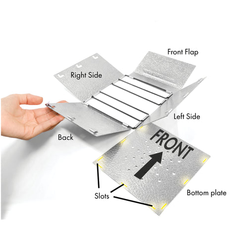 Remove the band and unfold the stove. The front flap is the bent plate with the logo. The bottom plate is separate with slots on three sides corresponding with the back and sides.