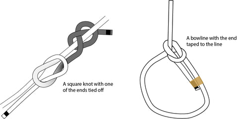 A square knot with the end simply tied off, and a bowline with the end taped