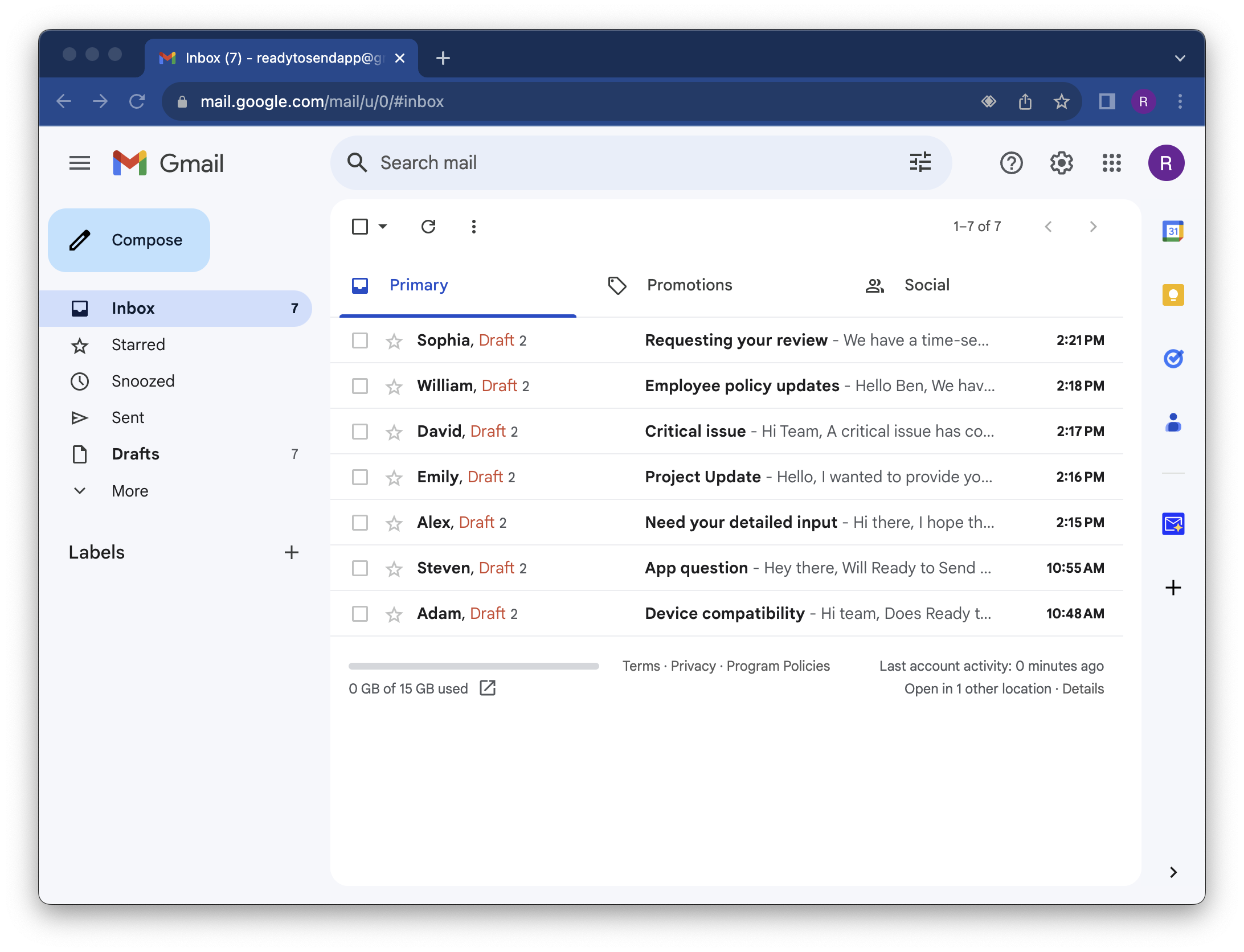 Gmail inbox of draft emails