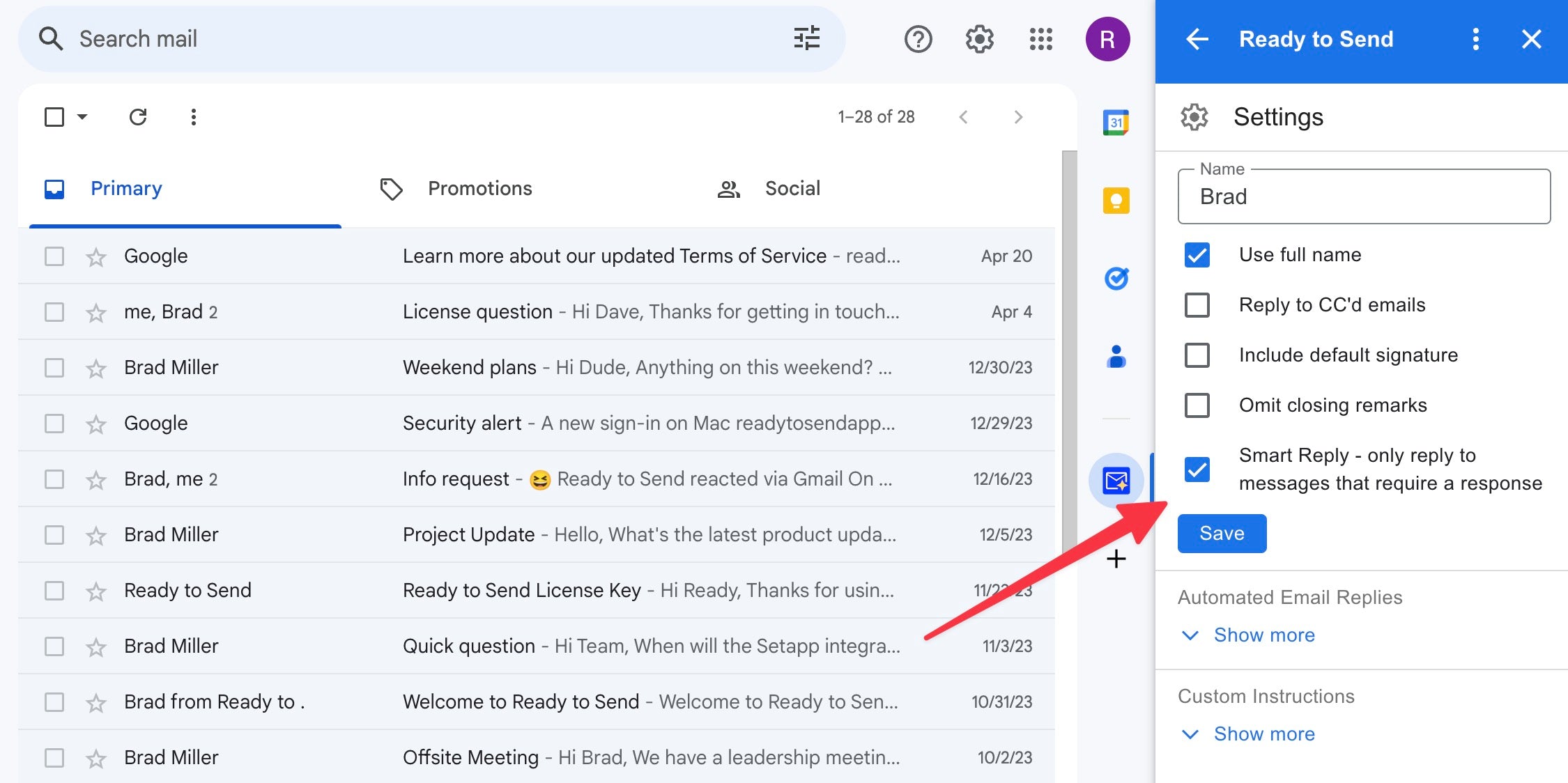 Smart Reply setting in Ready to Send from Gmail