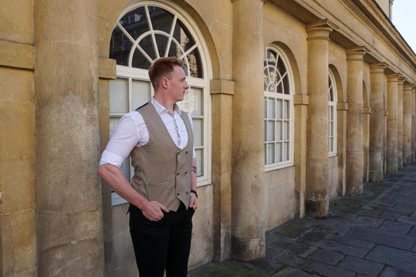 Men's smart casual outfit with waistcoat on streets of Bath