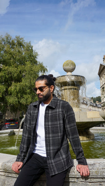 Monochromatic casual outfit for men worn by model.