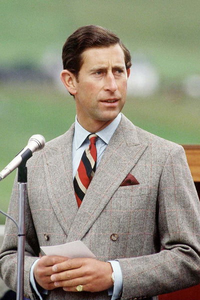 Charles wears a grey toned double-breasted suit whilst giving a public address.