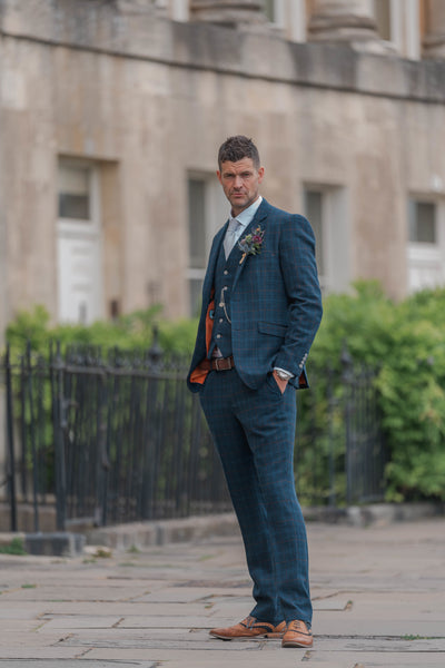Cody, navy blue men's suit, worn by model on Bath Circus