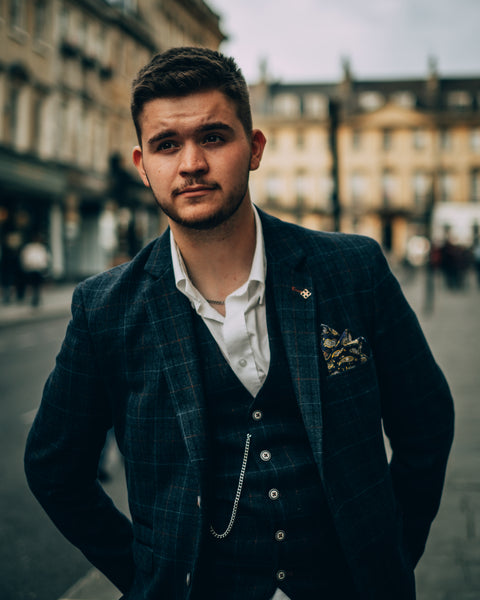 Cody jacket and waistcoat with a SUAVE OWL shirt on model.