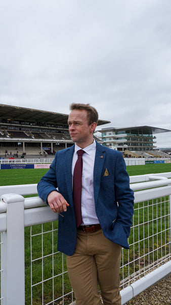 Model wearing a smart casual outfit to Cheltenham 2024