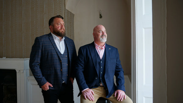 Co-founder Tony with his father modelling smart casual men's outfits.