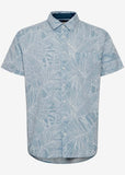 Pale blue geometric leaf pattern shirt. 