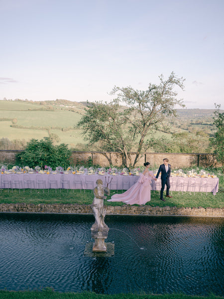 Hamswell House - Picture Taken of gardens, fountain, and view - Bride and groom in wedding attire.