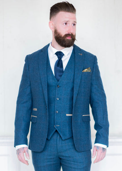 Dion 3-piece with navy tie on model.