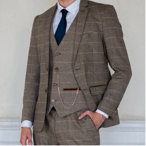 Ted suit, brown suit for men, square cropped to just show model.