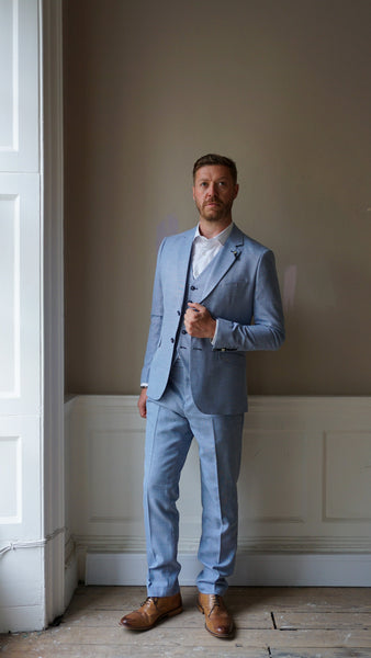 Miami Light Blue Suit for men shown on model displaying men's formal outfit.