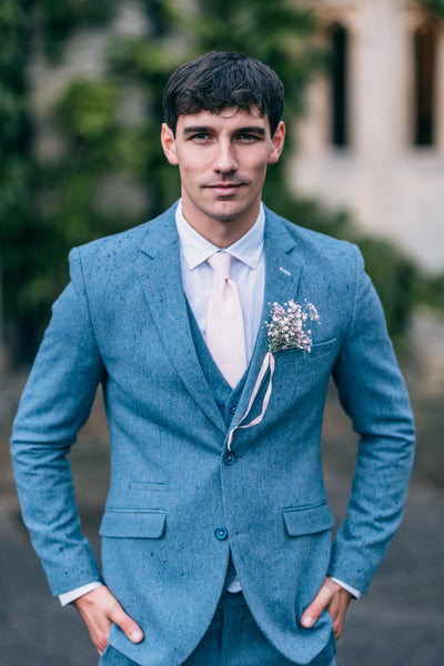 Wells pale blue suit for men, pale pink men's accessories.