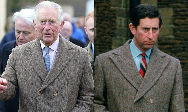 A side by side comparison of an older Charles and younger Charles wearing the same jacket.