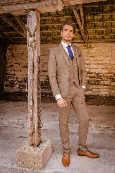 Ted suit, brown suit for men, worn by model.