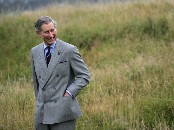 Charles wears a double-breasted jacket in a muted tone while standing in grassland.