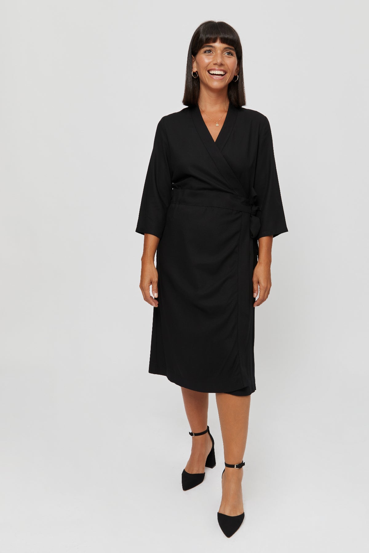 Wrap Dress SANDRA, Midi Long Sleeve Wrap Dress in Blue - AYANI