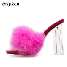 Load image into Gallery viewer, Eilyken Fashion Design Furry Open Toe Slippers Clear Crystal High Heels Women Shoes Square Heel Transparent Female Sandals