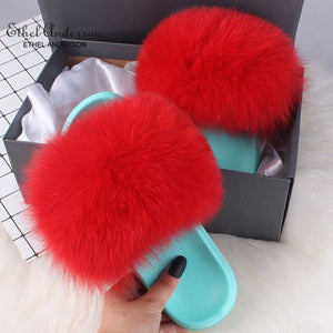 Lady Colorful Fox Fur Slides Vogue Fluffy Slippers Plush Real Fox Hair Slides Party Furry Flip Flops Women's Sandals