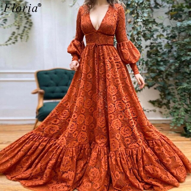 Turkish Couture Lace Celebrity Dresses Deep V-Neck Formal Runaway Red Carpet Dresses Fashion Show Gowns Woman Photography Robe