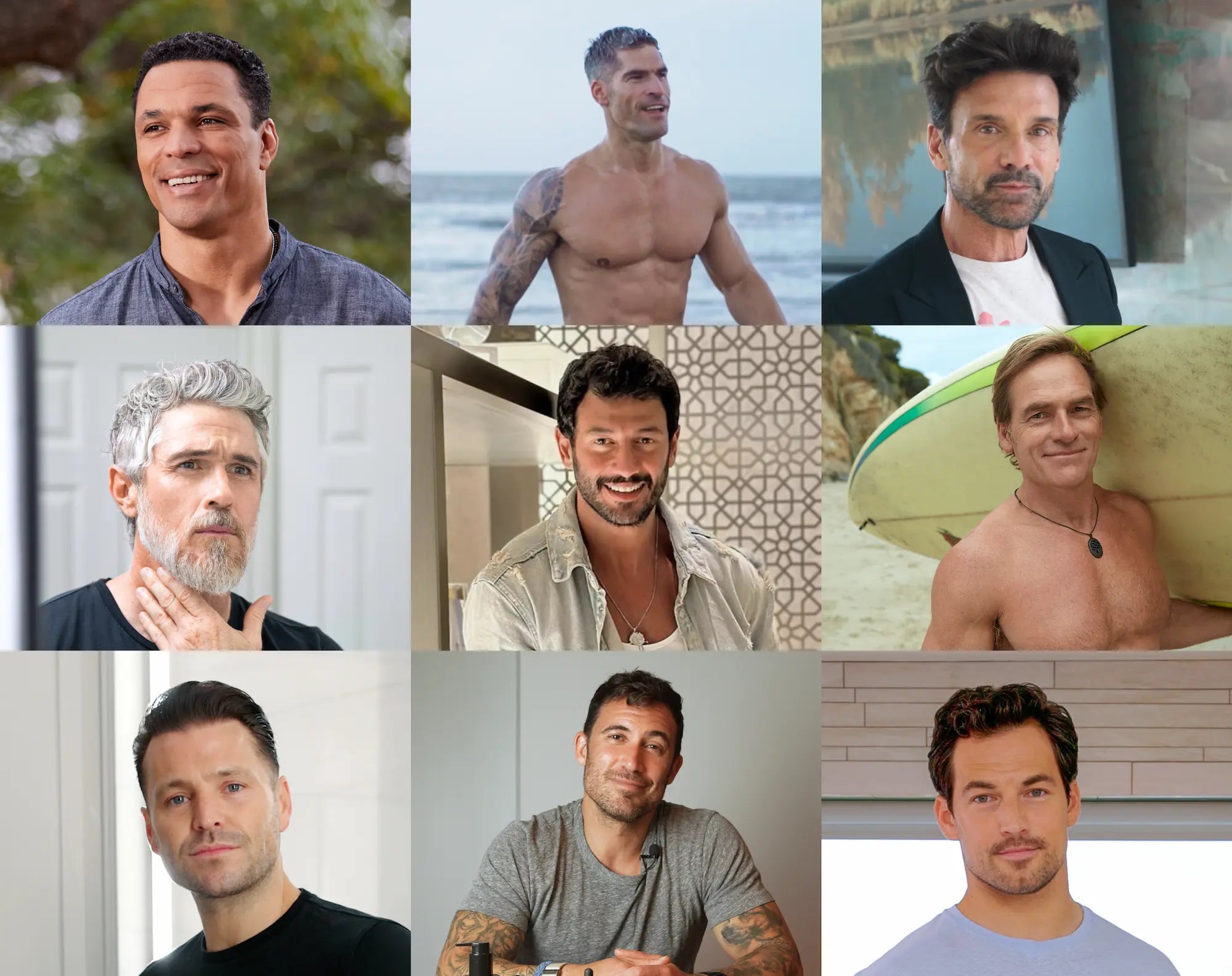 A collage of nine men, each in different settings, some shirtless, others dressed.