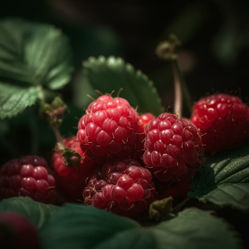 closeup shot of red raspberries before they're picked with green leaves in background