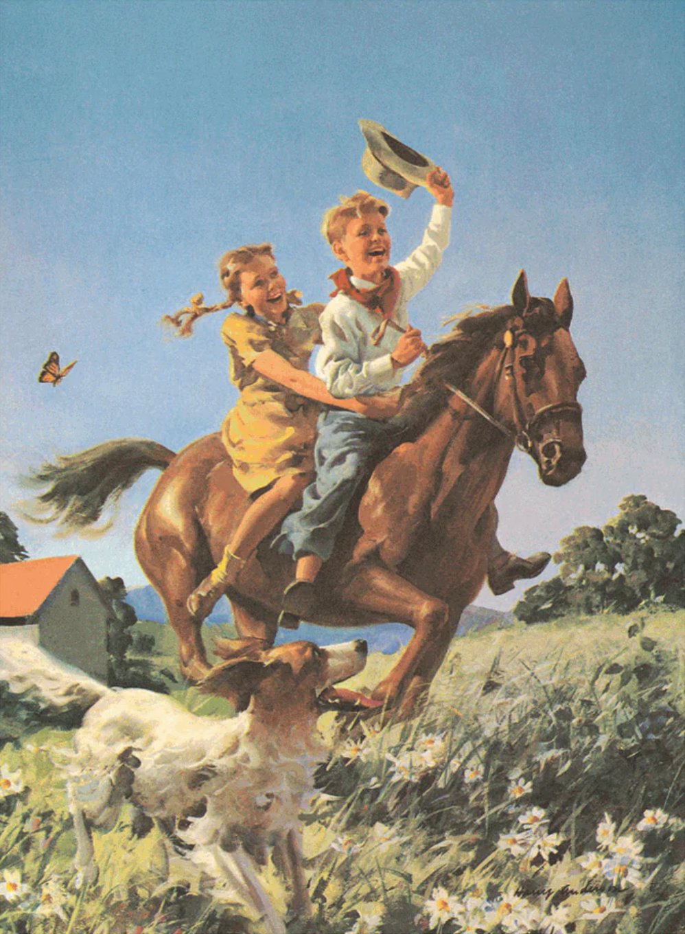 Boy and Girl Riding a Horse - Children Art Print