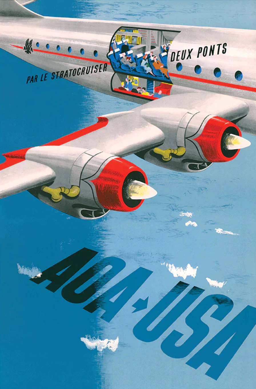 An illustration of a flying Stratocruiser plane with a cross section visible inside of passengers enjoying the luxuryssenger